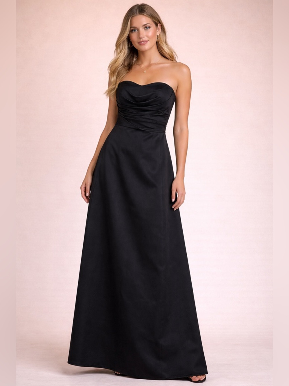 Vintage Cache Black Strapless Formal Gown Size 4 Ruched Satin Maxi Evening Dress